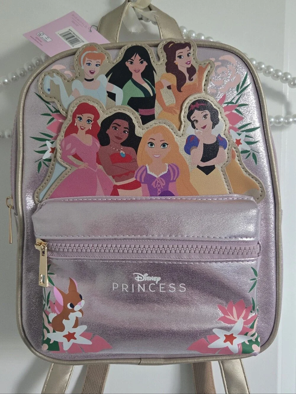 🎀 Disney Princess Pink Shimmery Mini Backpack Ariel Mulan Rapunzel Belle Moana